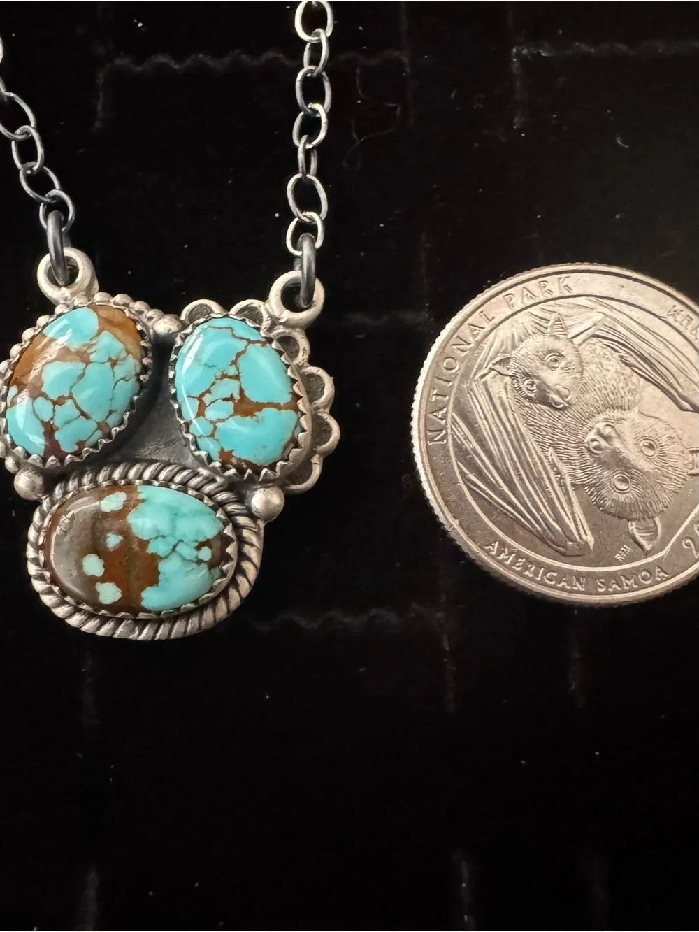 Sterling Silver genuine Turquoise Triple Stone Pendant native design- Blue Brown